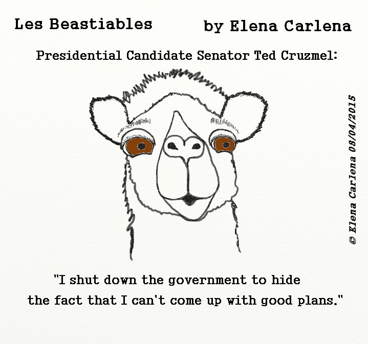 Cartoon of Ted Cruzmel, one of Les Beastiables, shutting down government instead of governing